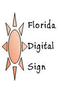 Logo: Florida Digital Sign, sun design in orange and white.