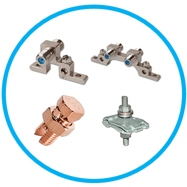 Four electrical grounding connectors: two silver, one copper, one steel, within a blue circle.