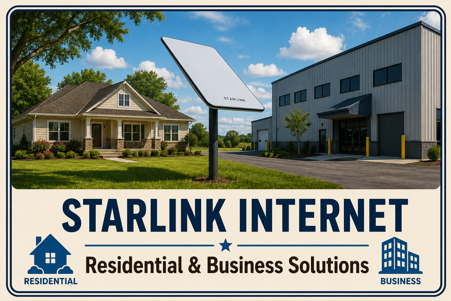 Starlink dish in front of a homea and a business