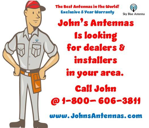 Advertisement for John's Antennas seeking dealers and installers. Cartoon man in work attire. Contact info provided.
