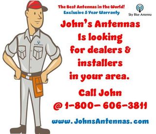 Advertisement for John's Antennas seeking dealers and installers. Cartoon man in work attire. Contact info provided.