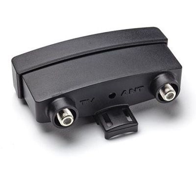 Black TV antenna with two coaxial connectors and a mounting clip.