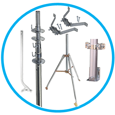 Various metal antenna mounting hardware, including a tripod, mast, and wall bracket.