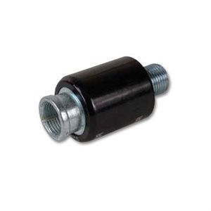 Black and silver cylindrical vibration isolator with threaded ends.