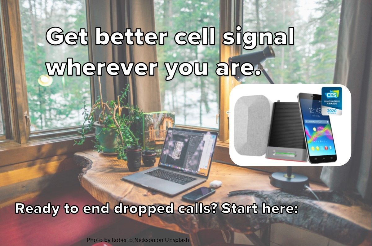 Advertisement: Improve cell signal. Text on window desk with laptop, phone, and cell signal boosters.