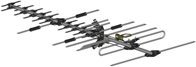 A directional TV antenna with multiple elements, for receiving over-the-air television signals.
