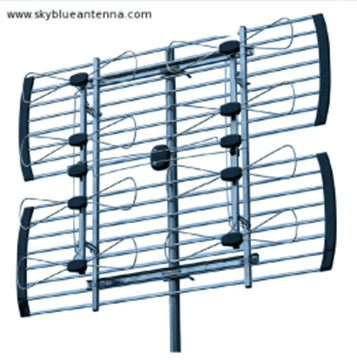Two stacked outdoor TV antennas mounted on a pole, light blue and black.