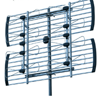 An outdoor TV antenna mounted on a pole, silver with black elements, designed to receive broadcast signals.