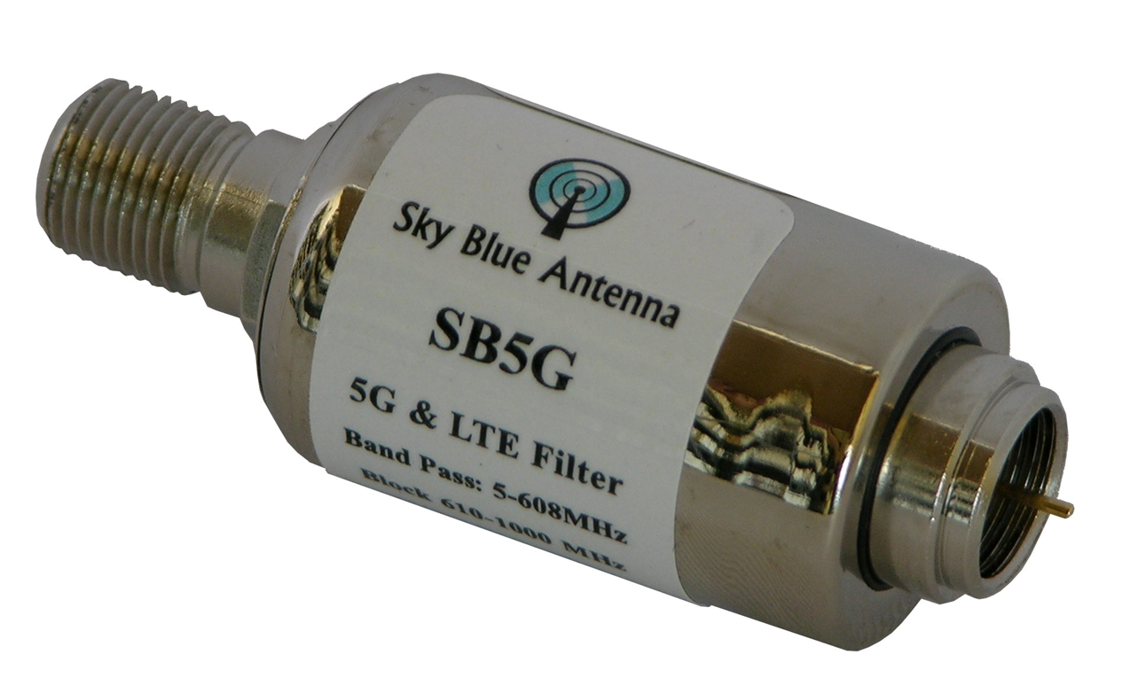 Sky Blue Antenna SB5G 5G & LTE filter. Silver, cylindrical, with threaded and connector ends, labeled 