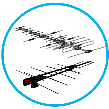 Two television antennas, one silver, one black. Both are Yagi-Uda designs for receiving over-the-air signals.