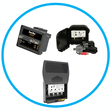 Three black TV signal amplifiers and accessories inside a blue circle.