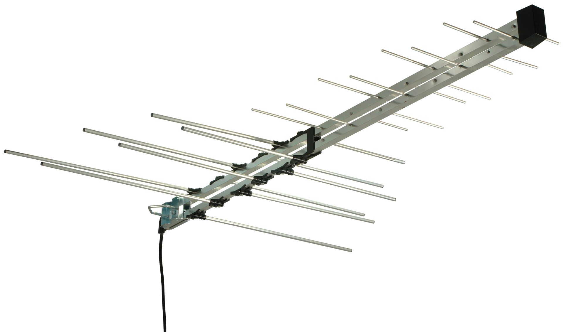 Yagi TV antenna with multiple horizontal rods. A black cable extends from the antenna.