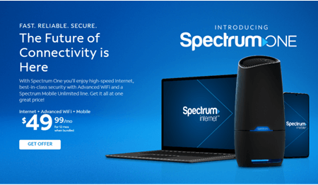 Spectrum ONE advertisement featuring a laptop, router, and tablet against a blue backdrop. 