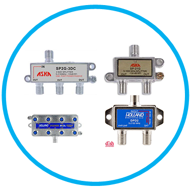 Four coaxial cable splitters, various brands, inside a blue circle.