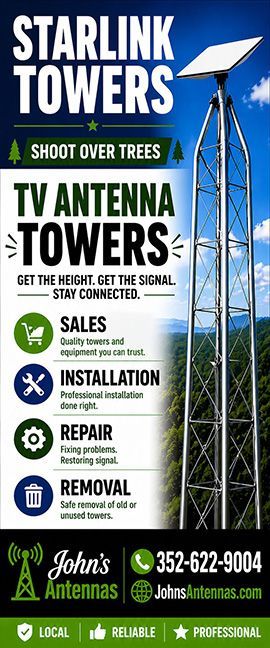 Starlink or TV Antennas on tower looking over trees, cloudy sky, and contact number 352-622-9004