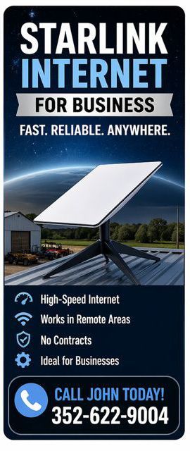 Starlink Internet business ad with satellite dish, cloudy sky, and contact number 352-622-9004