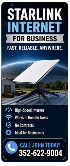 Starlink Internet business ad with satellite dish, cloudy sky, and contact number 352-622-9004