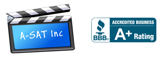 A-SAT Inc logo with a film clapper and a Better Business Bureau A+ rating badge.