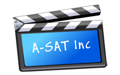 Clapperboard with blue screen and white text 