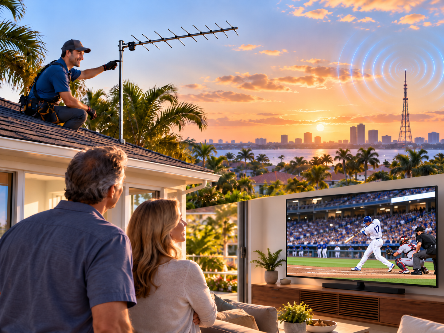 Technician adjusting a rooftop TV antenna while homeowners watch a baseball game on television