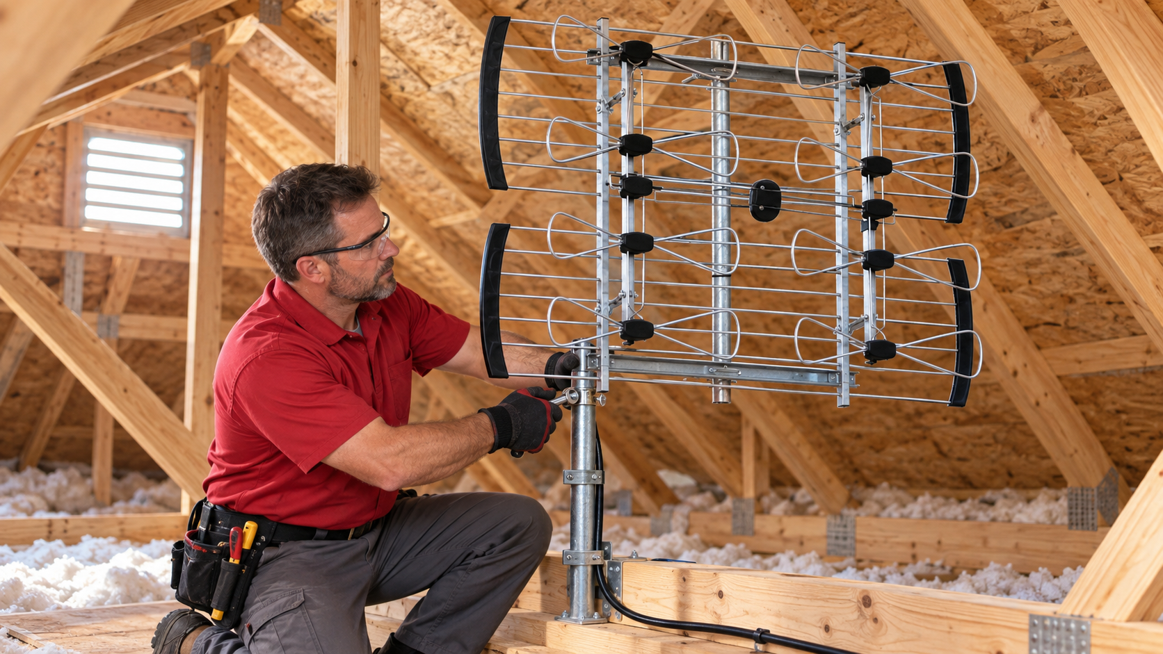 Technician installing a Sky Blue SB-48 eight-bay TV antenna inside a residential attic