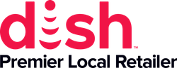 Dish logo with red text and signal waves,