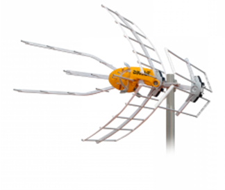 Outdoor TV antenna, silver and orange, mounted on a pole, wing-like design.