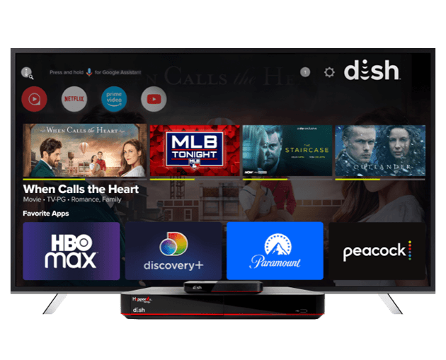 Dish TV, television with content apps. Box on stand below.