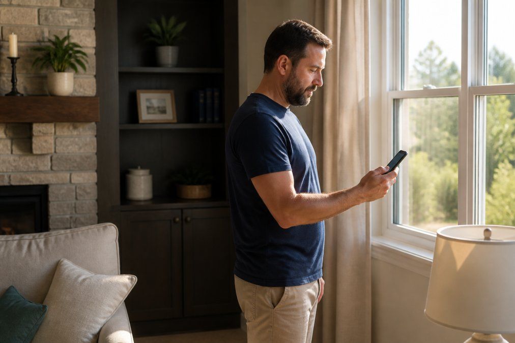 Technician testing cellular signal strength with a handheld meter outside a Florida home