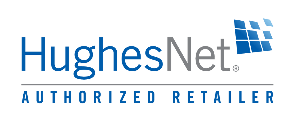 HughesNet logo with text and a stylized blue grid.