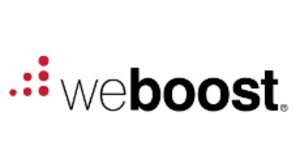 WeBoost logo: Red dot cluster next to the black text