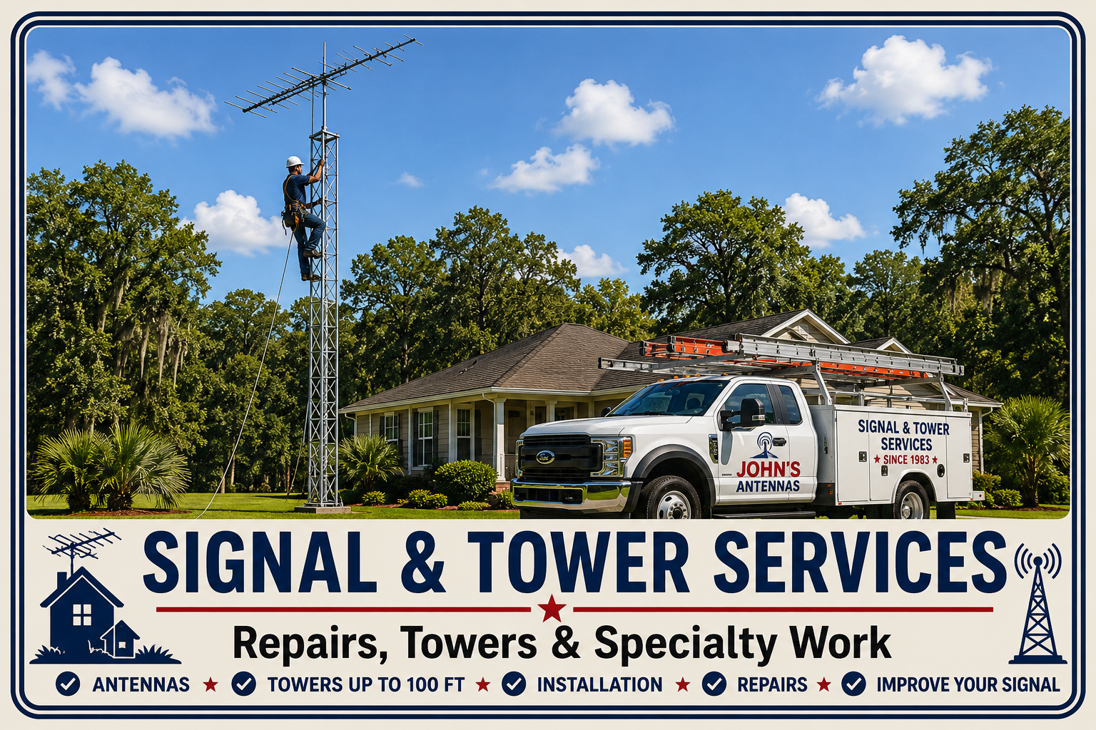 Antenna Tower Services truck and worker climbing tower
beside house, with service banner in foreground