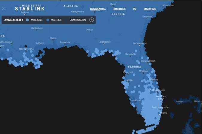 Starlink availability map of Florida, showing varying levels of service in shades of blue.