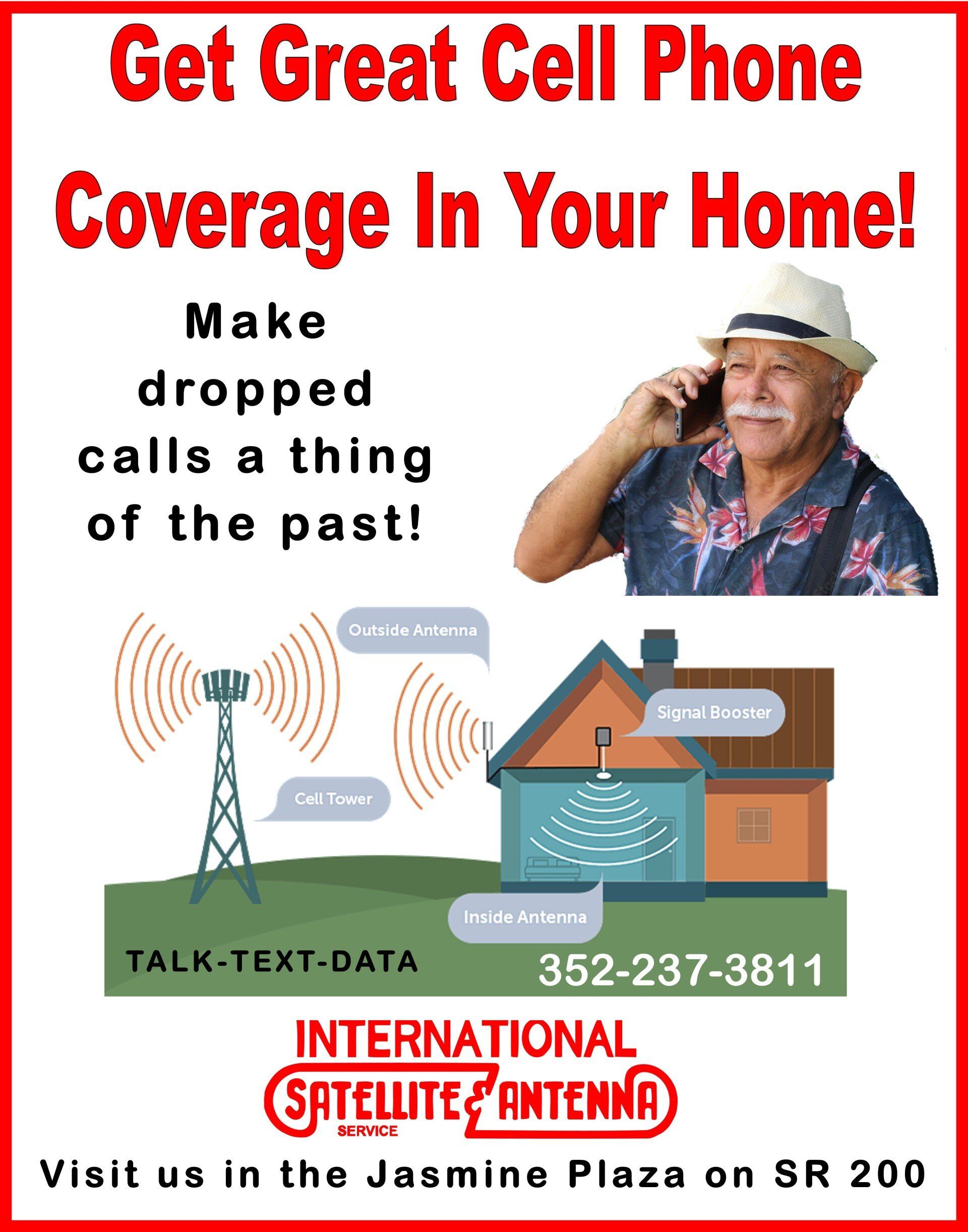 Advertisement: Man on phone, illustration of home and cell tower, text