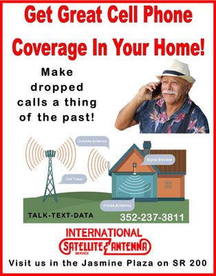 Advertisement: Man on phone, illustration of home and cell tower, text
