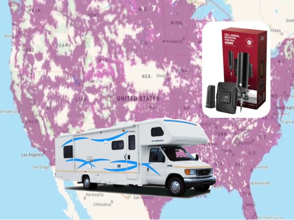 RV traveling across a map showing cell coverage, next to cellular booster equipment.