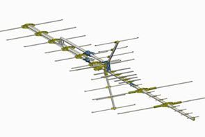 An outdoor TV antenna, with multiple horizontal rods extending from a central support structure.