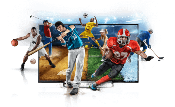 Sports on TV: Basketball, golf, baseball, soccer, football, and hockey players emerge from a screen.