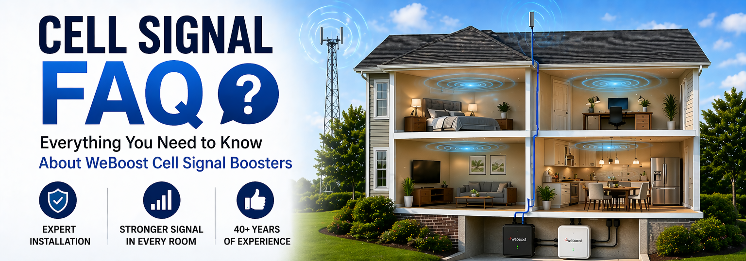 Cell signal FAQ graphic with text on left and a lit two-story house on the right