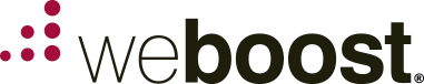 Logo for weboost, with dark red dots and black text.