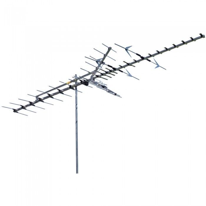 Outdoor television antenna, gray and metallic, mounted on a pole, aimed toward the sky.
