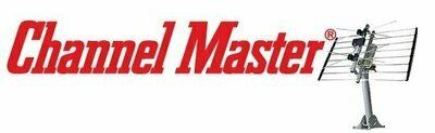 Channel Master logo and TV antenna. The logo is red, and the antenna is silver with black components.