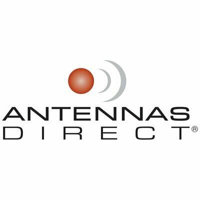 Logo for Antennas Direct: A red sphere with soundwave arcs above the text