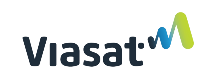Viasat logo: dark blue text with a blue and green abstract design.