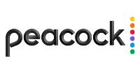 Peacock logo with black text and a colorful vertical stripe of dots.