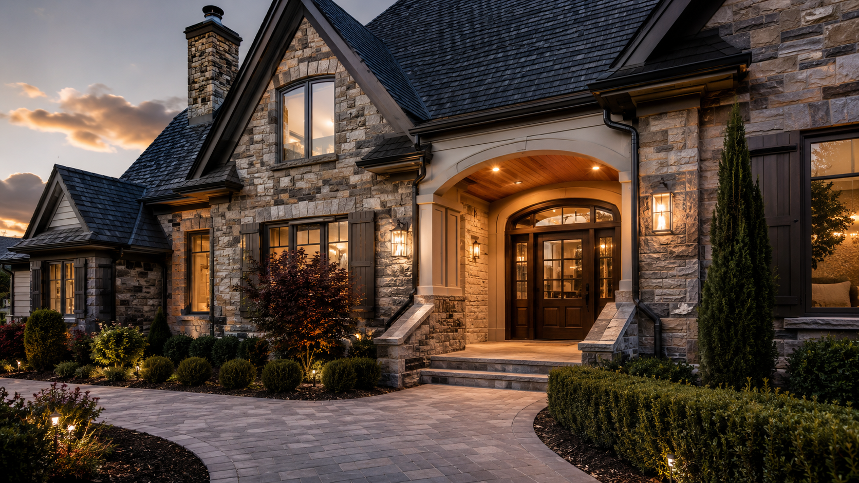 Stone house with warm porch lights at dusk and a paved driveway lined with trimmed hedges