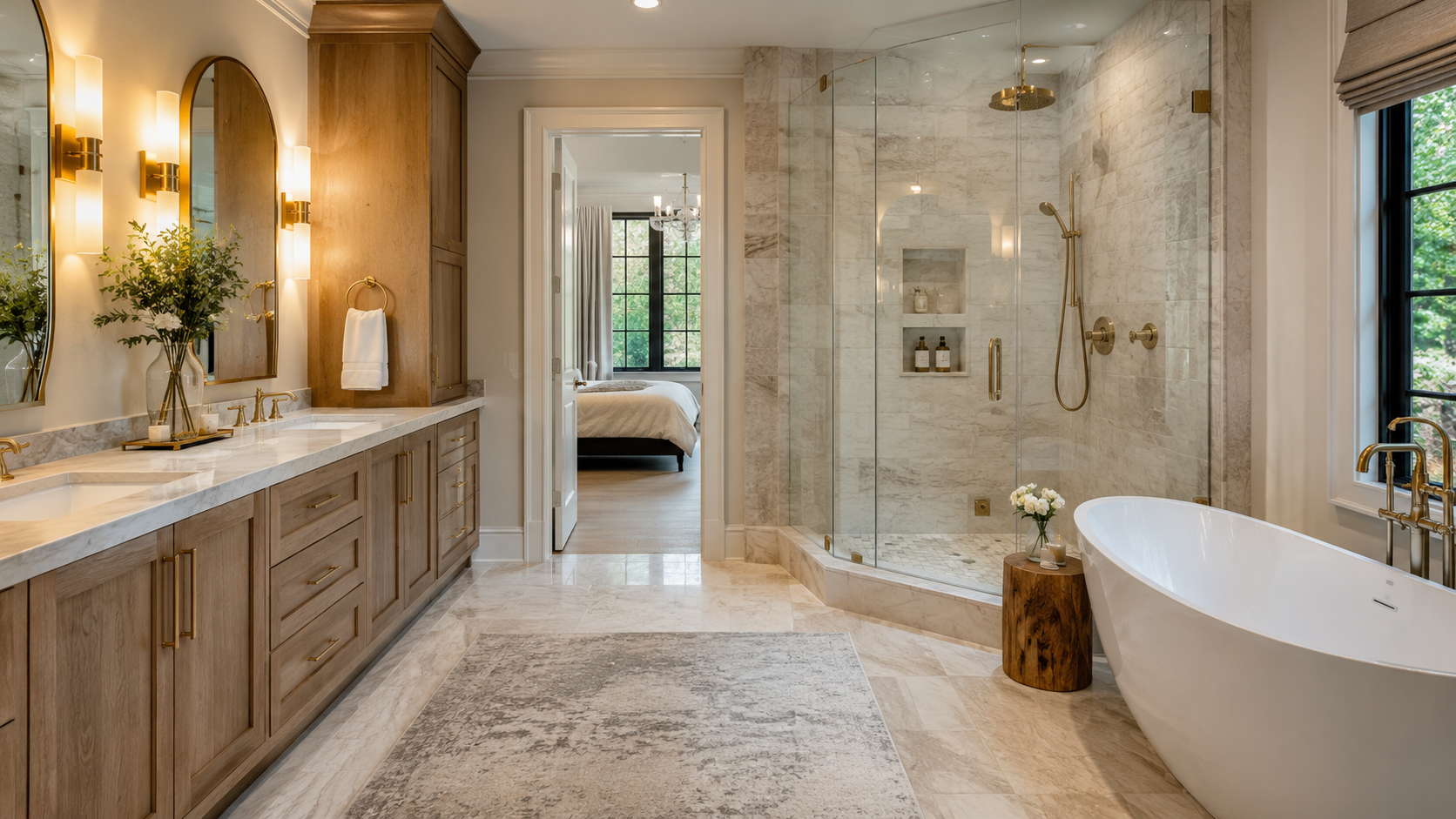 Modern bathroom with dark vanity, granite countertop, mirrors, toilet, and glass shower enclosure.