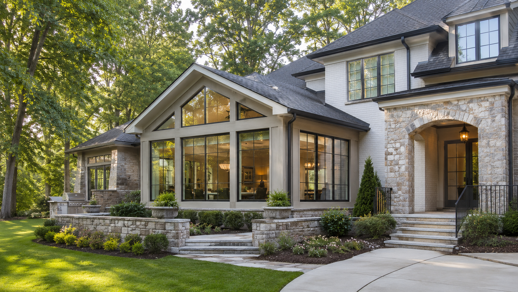 House under construction with foundation and exposed dirt beside a wooded yard