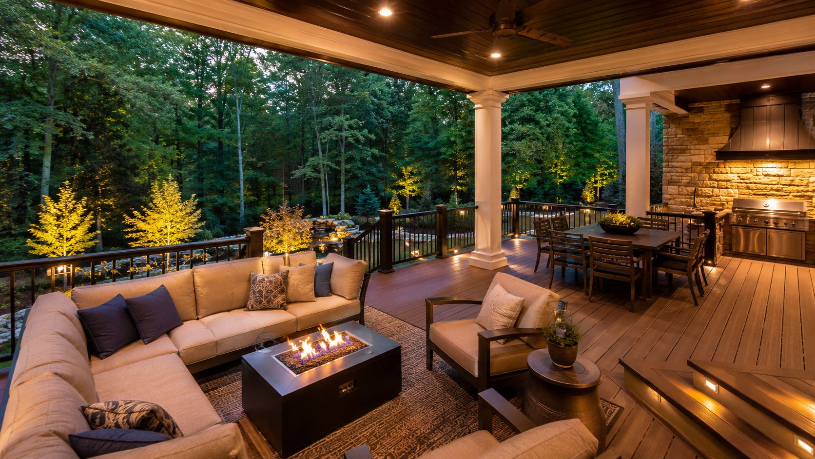 Wooden deck with two Adirondack chairs facing a wooded backyard