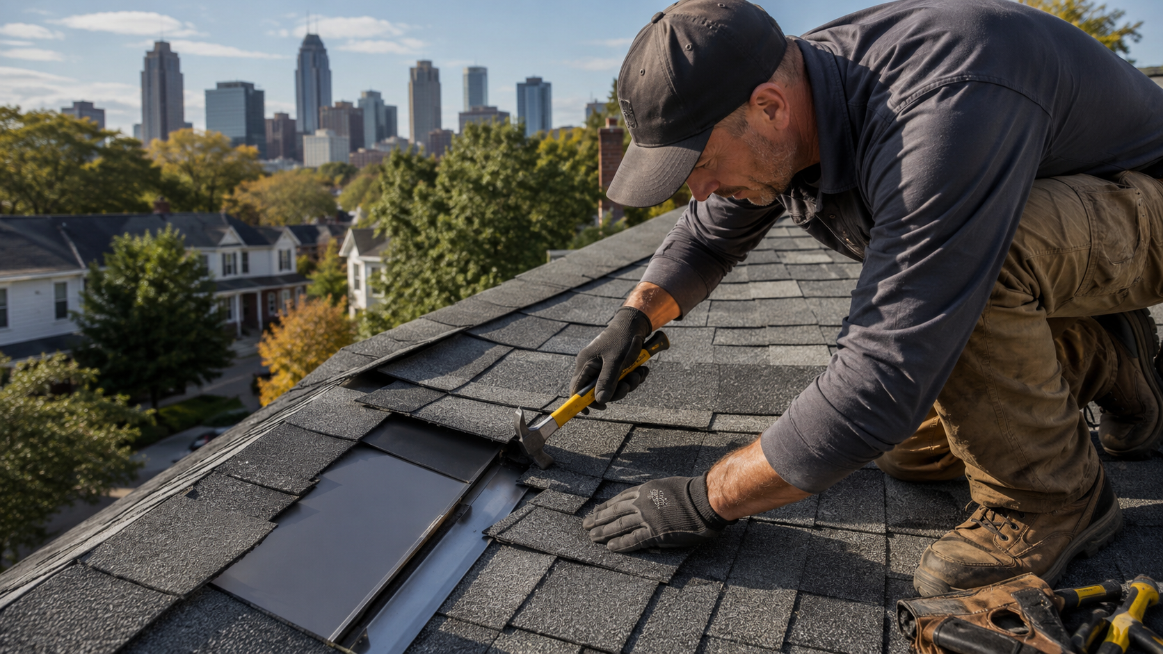 Workers repairing a roof on a house surrounded by trees